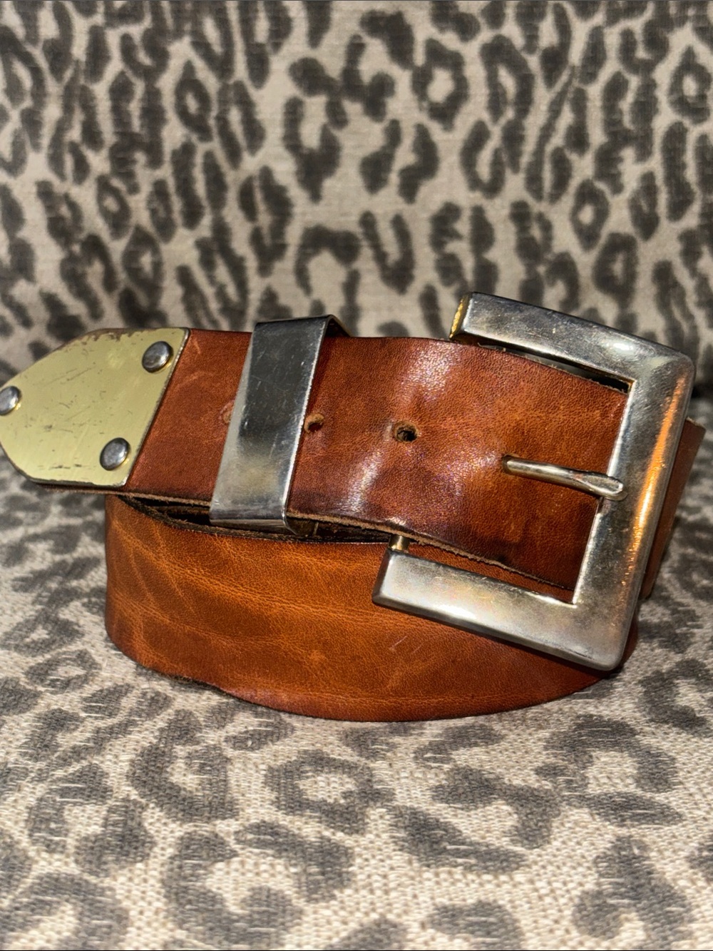 Vintage steerhide belt mixedmetallic chunky metal statement belt thick buckle